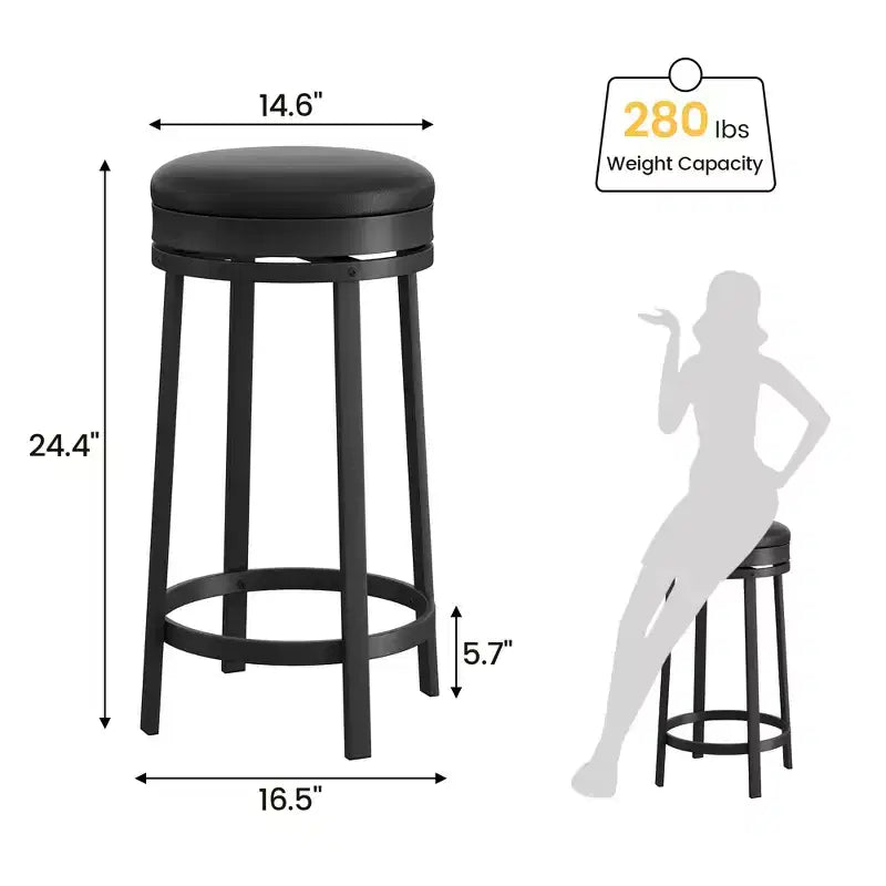 Ensemble de 2 tabourets de bar, hauteur 61 cm, revêtement en cuir PU et cadre en métal noir, tabourets de bar ronds sans dossier pour îlot de cuisine, salle à manger, bar à domicile