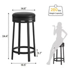 Ensemble de 2 tabourets de bar, hauteur 61 cm, revêtement en cuir PU et cadre en métal noir, tabourets de bar ronds sans dossier pour îlot de cuisine, salle à manger, bar à domicile