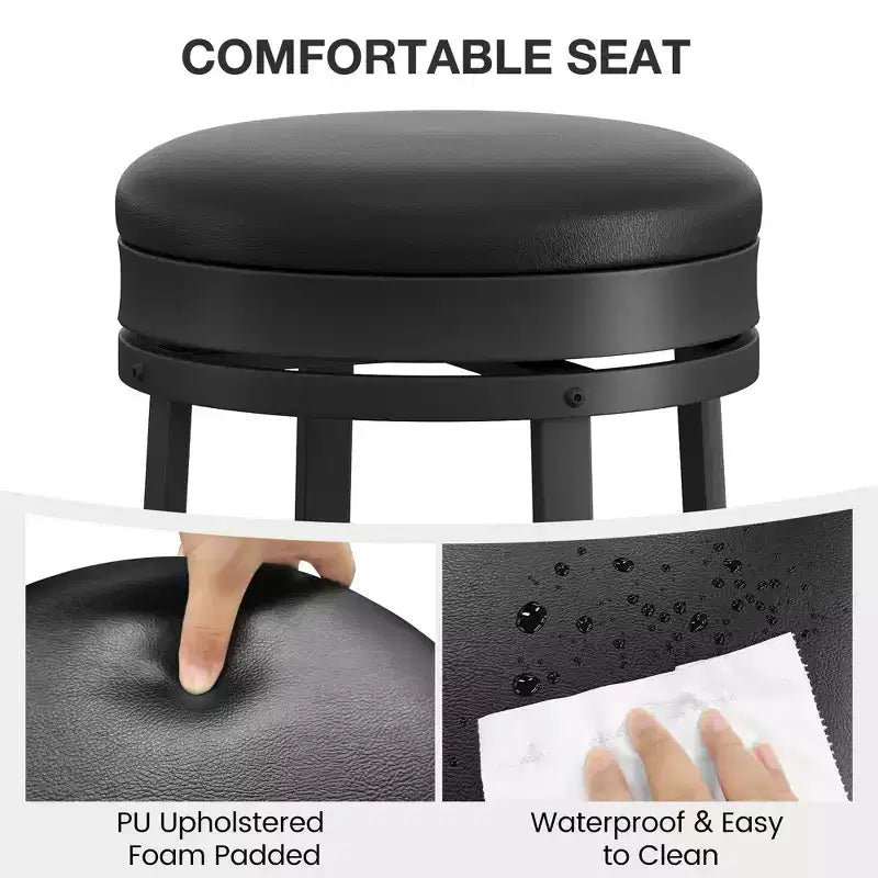 Ensemble de 2 tabourets de bar, hauteur 61 cm, revêtement en cuir PU et cadre en métal noir, tabourets de bar ronds sans dossier pour îlot de cuisine, salle à manger, bar à domicile