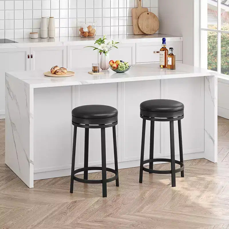 Ensemble de 2 tabourets de bar, hauteur 61 cm, revêtement en cuir PU et cadre en métal noir, tabourets de bar ronds sans dossier pour îlot de cuisine, salle à manger, bar à domicile