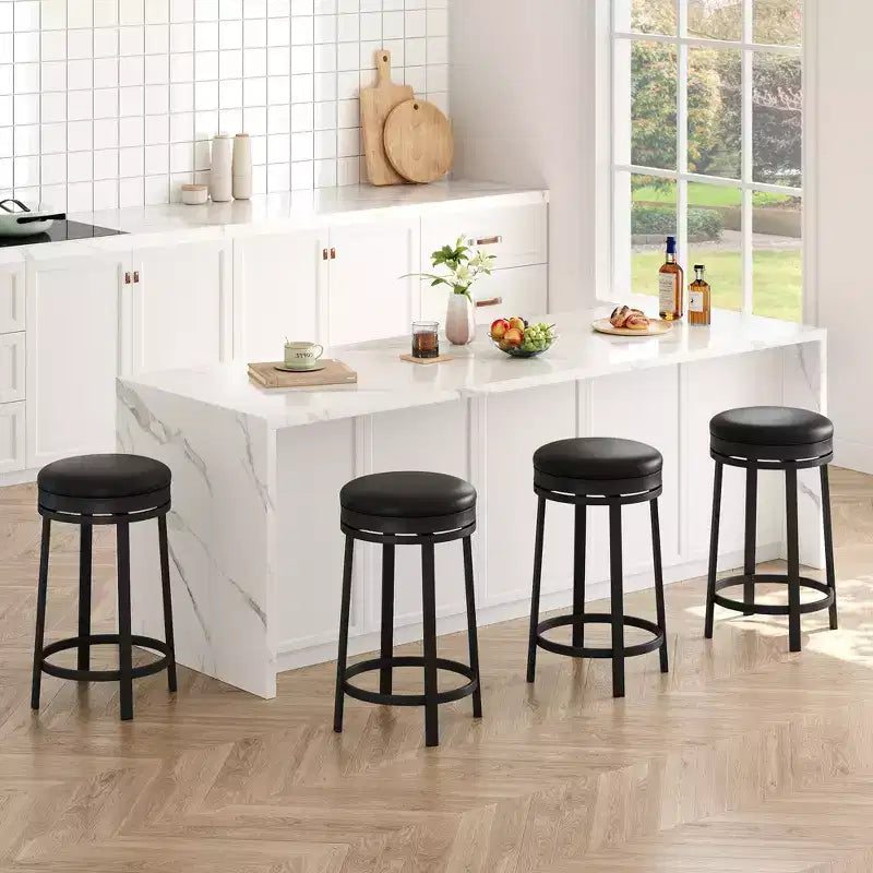 Ensemble de 2 tabourets de bar, hauteur 61 cm, revêtement en cuir PU et cadre en métal noir, tabourets de bar ronds sans dossier pour îlot de cuisine, salle à manger, bar à domicile