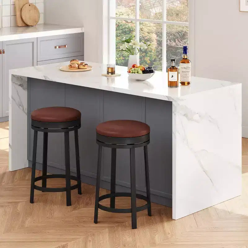 Ensemble de 2 tabourets de bar, hauteur 61 cm, revêtement en cuir PU et cadre en métal noir, tabourets de bar ronds sans dossier pour îlot de cuisine, salle à manger, bar à domicile
