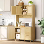 GustoWave 71'' Tall Kitchen Pantry Cabinet, Rattan Boho Kitchen Freestanding Storage Cabinet with Microwave Shelf 3 Drawers 6 Hooks, Natural