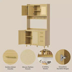 GustoWave Armoire de Cuisine Haute 180 cm, Meuble de Rangement Autonome de Cuisine Boho en Rotin avec Étagère à Micro-ondes, 3 Tiroirs, 6 Crochets, Naturel
