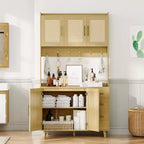 GustoWave Armoire de Cuisine Haute 180 cm, Meuble de Rangement Autonome de Cuisine Boho en Rotin avec Étagère à Micro-ondes, 3 Tiroirs, 6 Crochets, Naturel