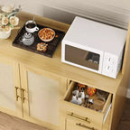 GustoWave Armoire de Cuisine Haute 180 cm, Meuble de Rangement Autonome de Cuisine Boho en Rotin avec Étagère à Micro-ondes, 3 Tiroirs, 6 Crochets, Naturel