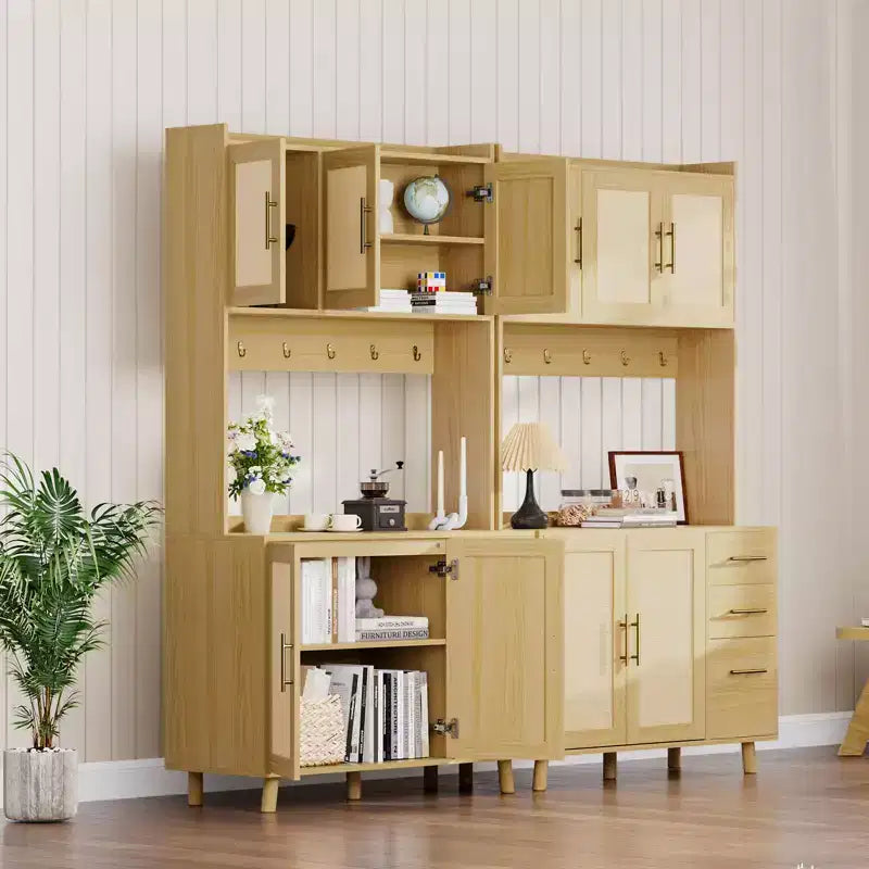GustoWave Armoire de Cuisine Haute 180 cm, Meuble de Rangement Autonome de Cuisine Boho en Rotin avec Étagère à Micro-ondes, 3 Tiroirs, 6 Crochets, Naturel
