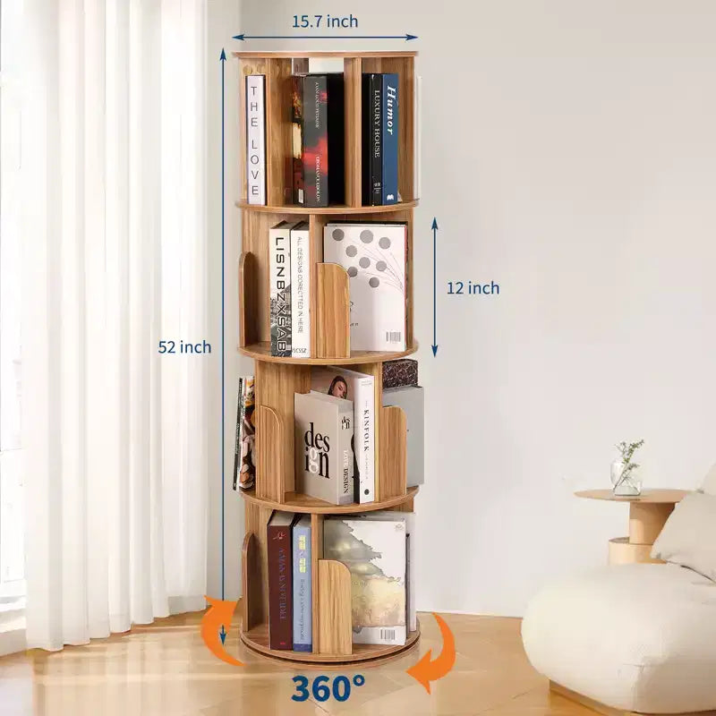 Étagère rotative en bois, Présentoir 4 niveaux à 360 degrés, Bibliothèque sur pied, Organisateur de rangement multifonctionnel, Adapté au salon/chambre à coucher