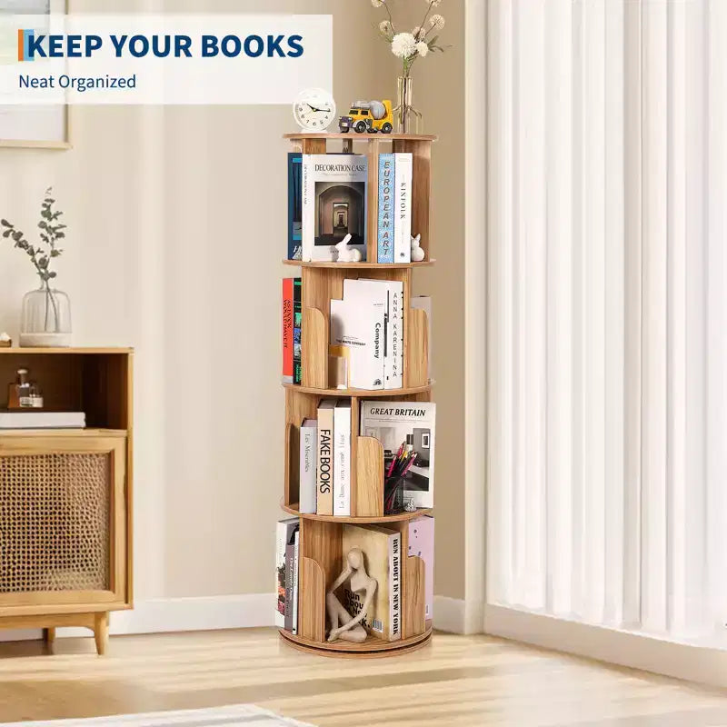 Étagère rotative en bois, Présentoir 4 niveaux à 360 degrés, Bibliothèque sur pied, Organisateur de rangement multifonctionnel, Adapté au salon/chambre à coucher