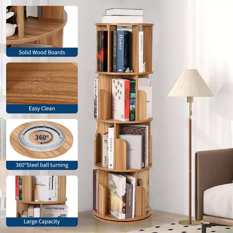 Étagère rotative en bois, Présentoir 4 niveaux à 360 degrés, Bibliothèque sur pied, Organisateur de rangement multifonctionnel, Adapté au salon/chambre à coucher