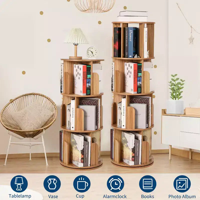 Étagère rotative en bois, Présentoir 4 niveaux à 360 degrés, Bibliothèque sur pied, Organisateur de rangement multifonctionnel, Adapté au salon/chambre à coucher