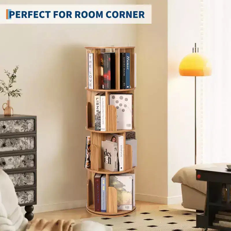 Étagère rotative en bois, Présentoir 4 niveaux à 360 degrés, Bibliothèque sur pied, Organisateur de rangement multifonctionnel, Adapté au salon/chambre à coucher