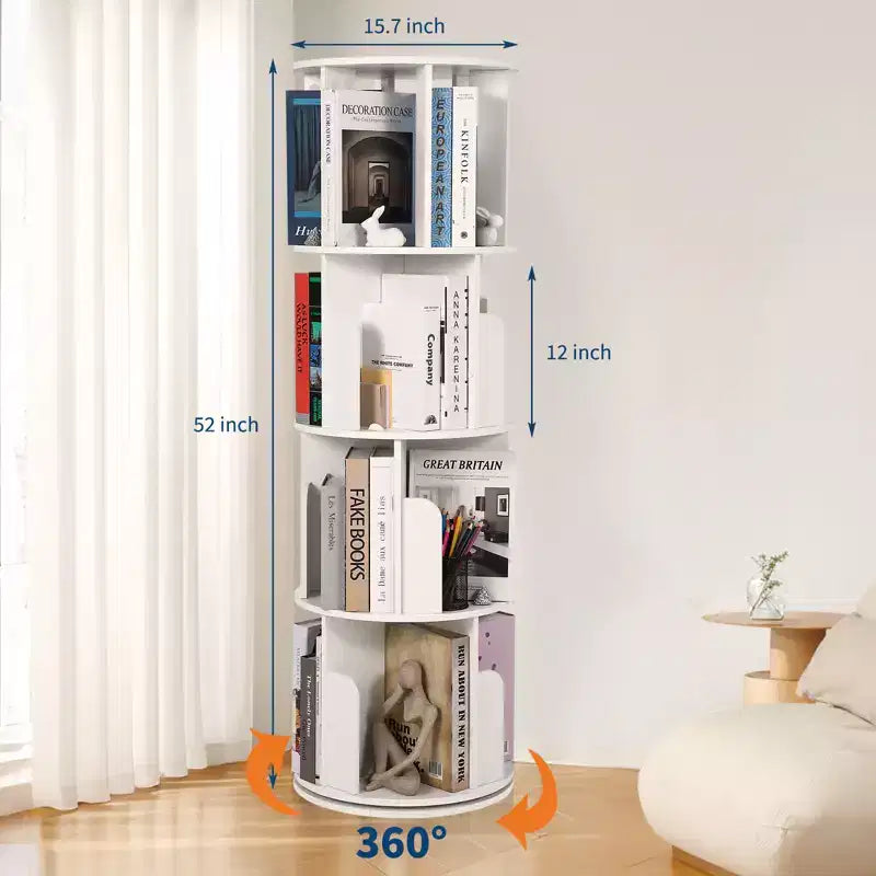 Étagère rotative en bois, Présentoir 4 niveaux à 360 degrés, Bibliothèque sur pied, Organisateur de rangement multifonctionnel, Adapté au salon/chambre à coucher