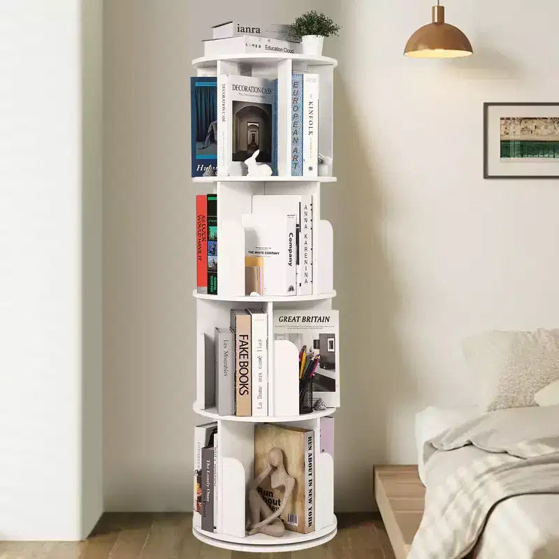 Étagère rotative en bois, Présentoir 4 niveaux à 360 degrés, Bibliothèque sur pied, Organisateur de rangement multifonctionnel, Adapté au salon/chambre à coucher