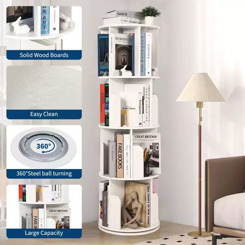 Étagère rotative en bois, Présentoir 4 niveaux à 360 degrés, Bibliothèque sur pied, Organisateur de rangement multifonctionnel, Adapté au salon/chambre à coucher