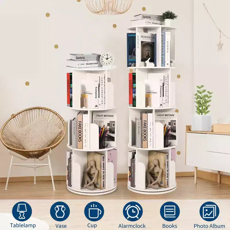 Étagère rotative en bois, Présentoir 4 niveaux à 360 degrés, Bibliothèque sur pied, Organisateur de rangement multifonctionnel, Adapté au salon/chambre à coucher
