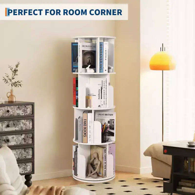 Étagère rotative en bois, Présentoir 4 niveaux à 360 degrés, Bibliothèque sur pied, Organisateur de rangement multifonctionnel, Adapté au salon/chambre à coucher