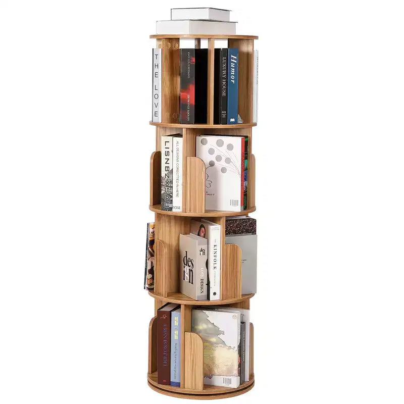 Étagère rotative en bois, Présentoir 4 niveaux à 360 degrés, Bibliothèque sur pied, Organisateur de rangement multifonctionnel, Adapté au salon/chambre à coucher