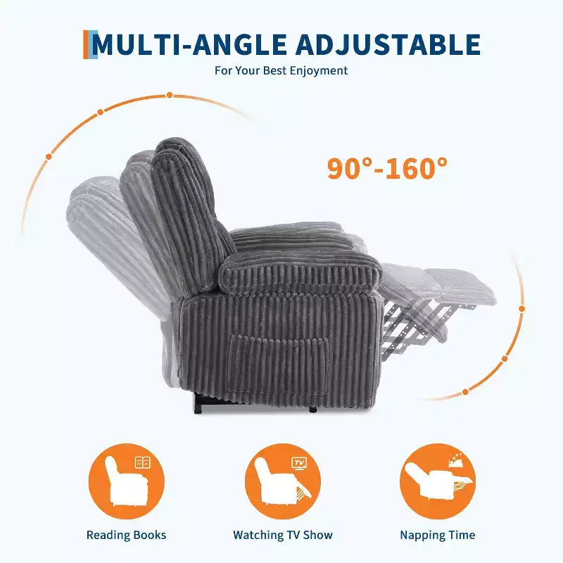Fauteuil inclinable en velours côtelé, Canapé inclinable manuel avec poignée, accoudoirs rembourrés, rembourrage épais, poche latérale, capacité de 180 kg