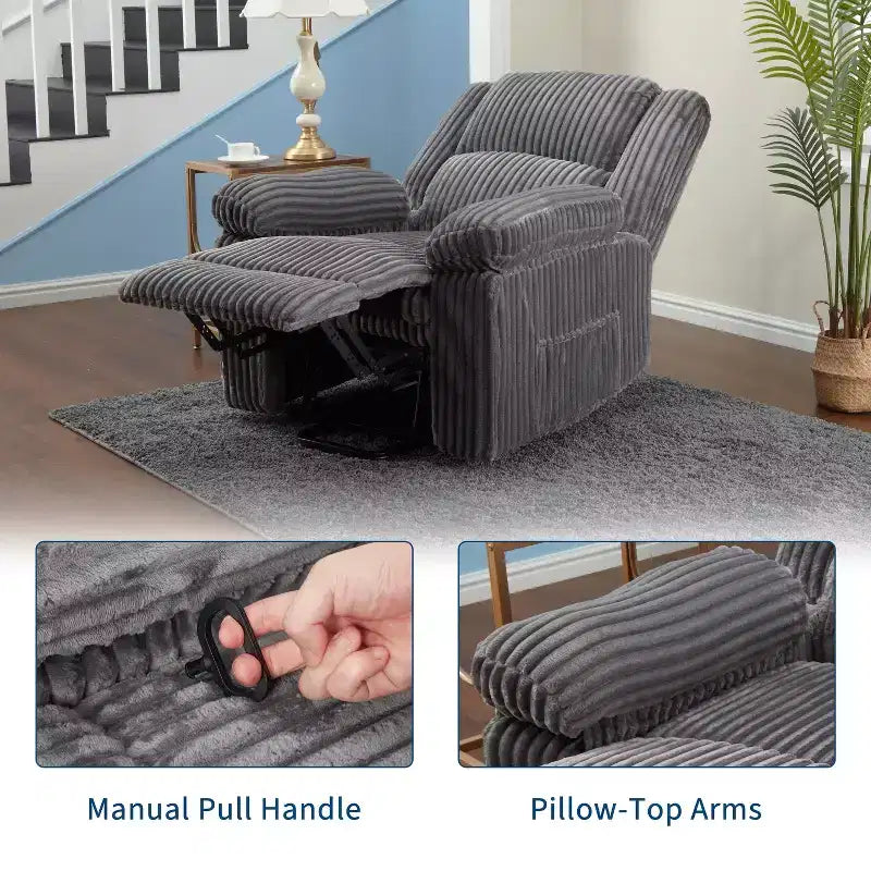 Fauteuil inclinable en velours côtelé, Canapé inclinable manuel avec poignée, accoudoirs rembourrés, rembourrage épais, poche latérale, capacité de 180 kg
