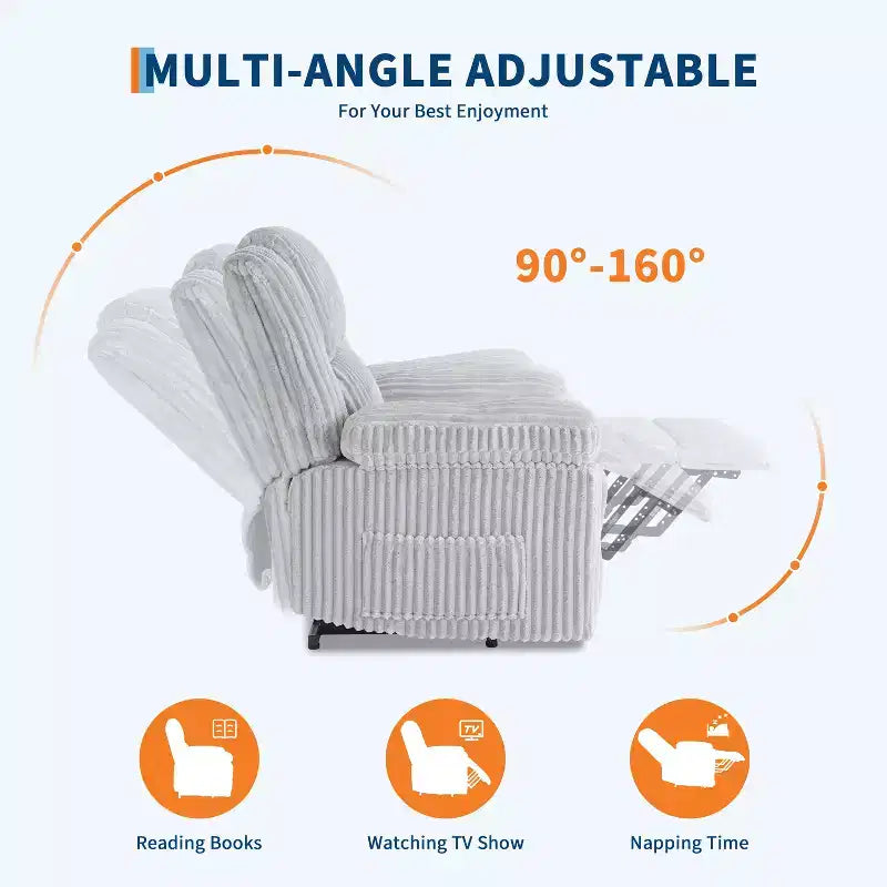 Fauteuil inclinable en velours côtelé, Canapé inclinable manuel avec poignée, accoudoirs rembourrés, rembourrage épais, poche latérale, capacité de 180 kg
