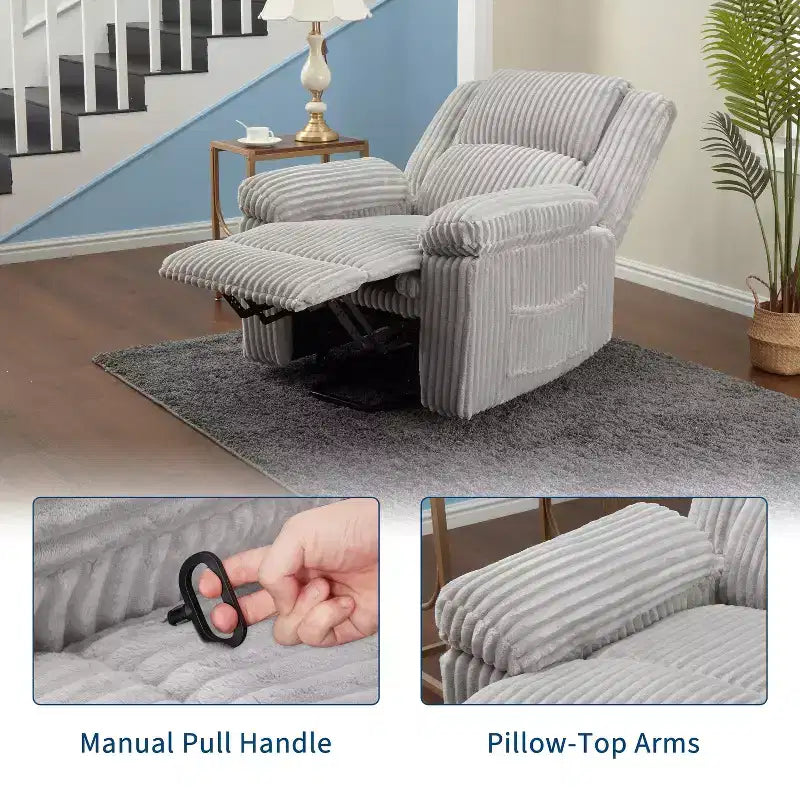 Fauteuil inclinable en velours côtelé, Canapé inclinable manuel avec poignée, accoudoirs rembourrés, rembourrage épais, poche latérale, capacité de 180 kg