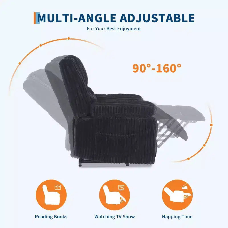 Fauteuil inclinable en velours côtelé, Canapé inclinable manuel avec poignée, accoudoirs rembourrés, rembourrage épais, poche latérale, capacité de 180 kg