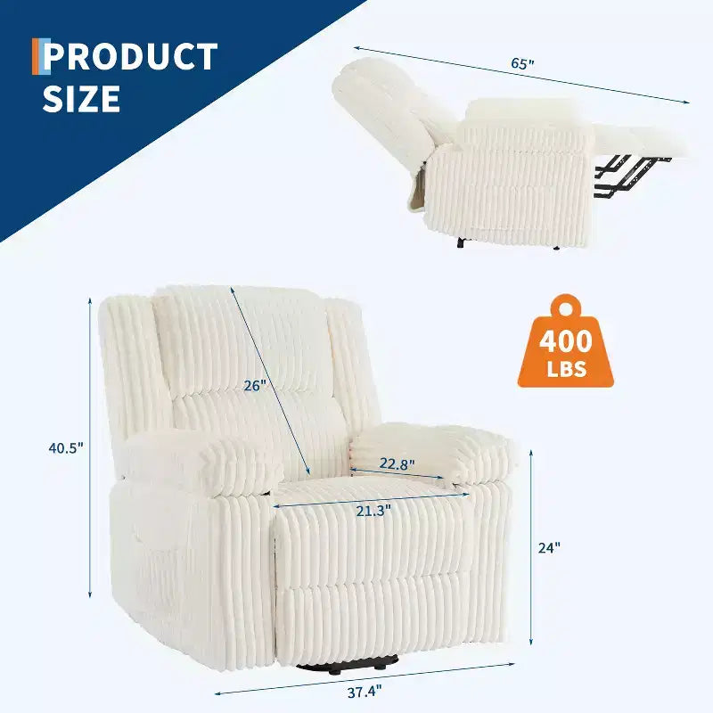Fauteuil inclinable en velours côtelé, Canapé inclinable manuel avec poignée, accoudoirs rembourrés, rembourrage épais, poche latérale, capacité de 180 kg