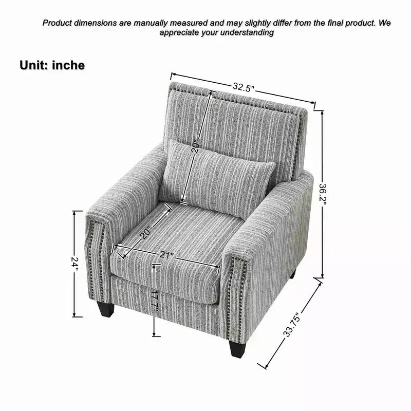 Fauteuil de salon Okak style mi-siècle en tissu rayé avec clous décoratifs, fauteuil d'appoint de lecture pour salons, zones de détente