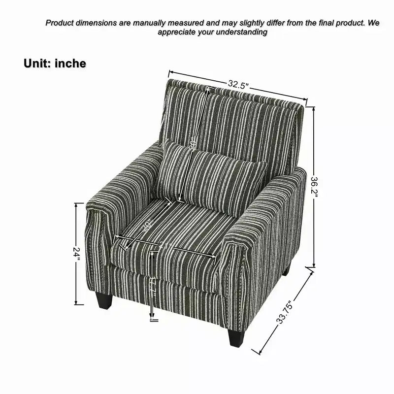Fauteuil de salon Okak style mi-siècle en tissu rayé avec clous décoratifs, fauteuil d'appoint de lecture pour salons, zones de détente
