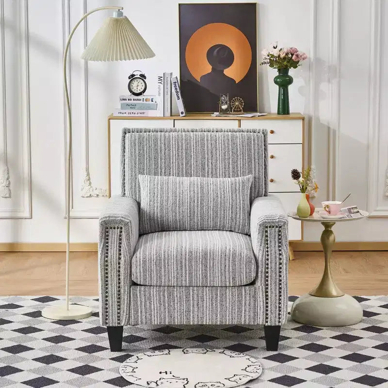 Fauteuil de salon Okak style mi-siècle en tissu rayé avec clous décoratifs, fauteuil d'appoint de lecture pour salons, zones de détente