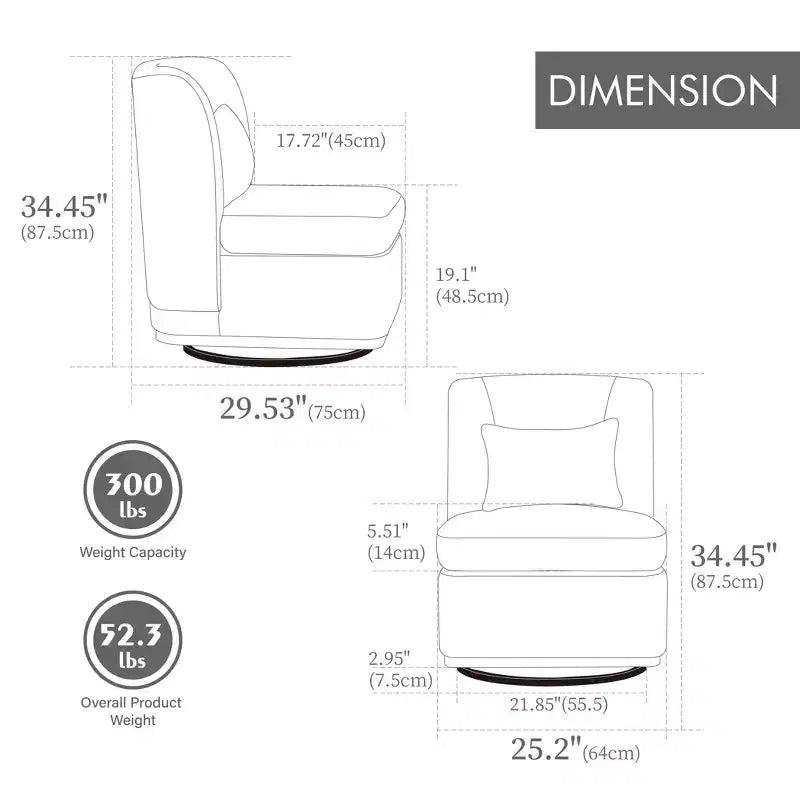 Fauteuil pivotant Okak Mid-Century en chenille avec oreiller, fauteuil d'appoint sans accoudoirs pour les salons, zones de relaxation