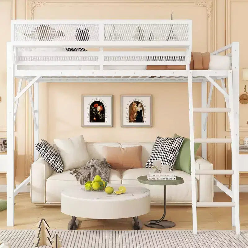 Lit mezzanine pleine taille Okak avec échelle, cadres de lit avec panier de rangement et garde-corps de sécurité, lit mezzanine jumeau pour enfants, adolescents