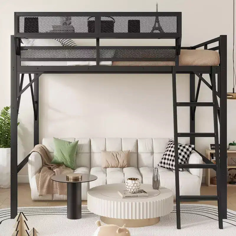 Lit mezzanine pleine taille Okak avec échelle, cadres de lit avec panier de rangement et garde-corps de sécurité, lit mezzanine jumeau pour enfants, adolescents