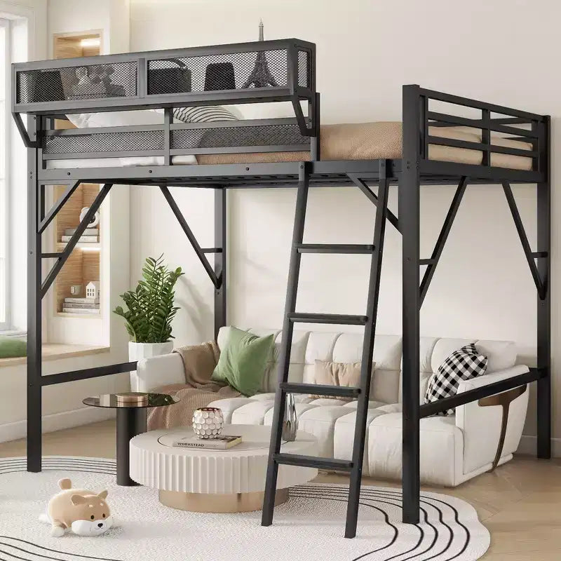 Lit mezzanine pleine taille Okak avec échelle, cadres de lit avec panier de rangement et garde-corps de sécurité, lit mezzanine jumeau pour enfants, adolescents