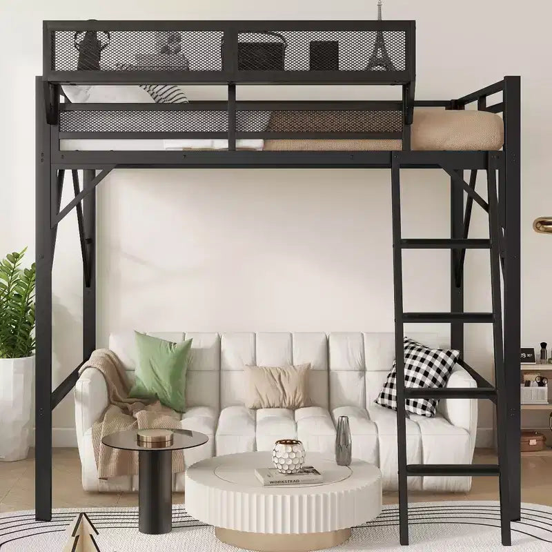 Lit mezzanine pleine taille Okak avec échelle, cadres de lit avec panier de rangement et garde-corps de sécurité, lit mezzanine jumeau pour enfants, adolescents