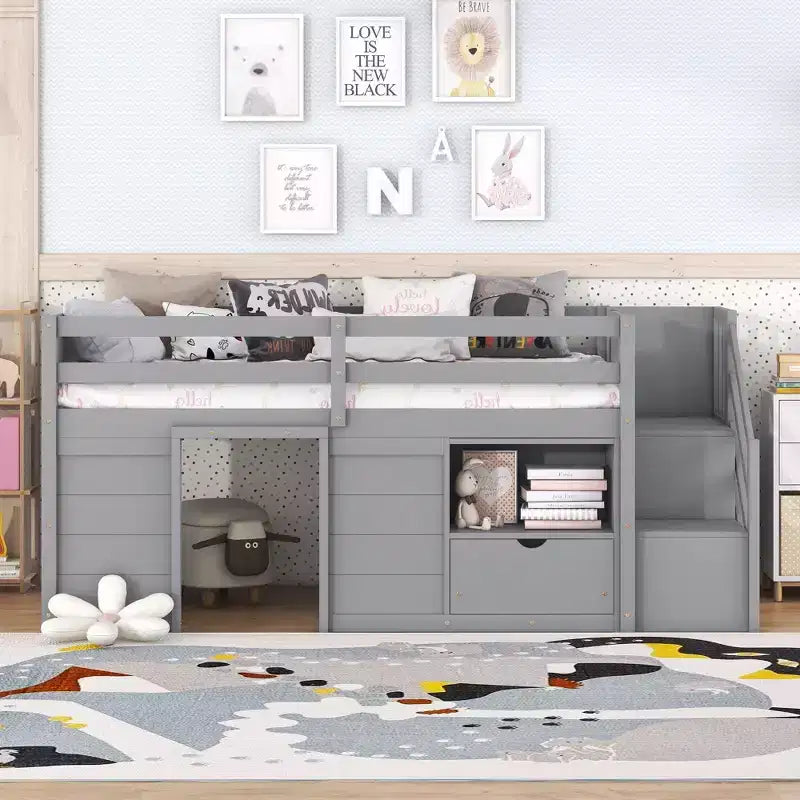 Okak Lit superposé mezzanine pour enfants, taille double, 94,56 po, avec tiroirs et étagères, avec échelle et garde-corps de sécurité, cadres de lit pour chambre d'enfant