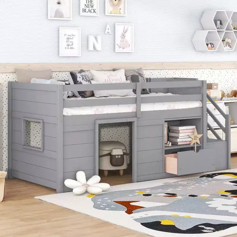 Okak Lit superposé mezzanine pour enfants, taille double, 94,56 po, avec tiroirs et étagères, avec échelle et garde-corps de sécurité, cadres de lit pour chambre d'enfant