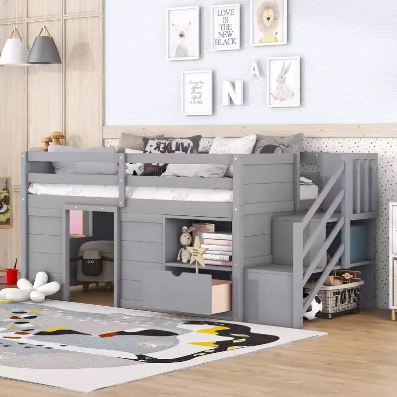 Okak Lit superposé mezzanine pour enfants, taille double, 94,56 po, avec tiroirs et étagères, avec échelle et garde-corps de sécurité, cadres de lit pour chambre d'enfant