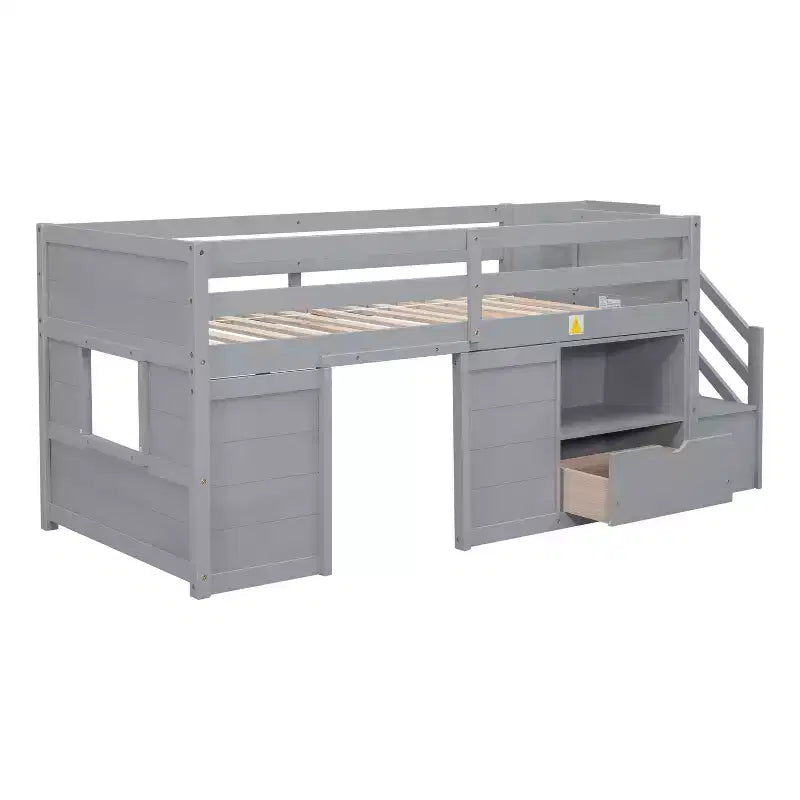 Okak Lit superposé mezzanine pour enfants, taille double, 94,56 po, avec tiroirs et étagères, avec échelle et garde-corps de sécurité, cadres de lit pour chambre d'enfant