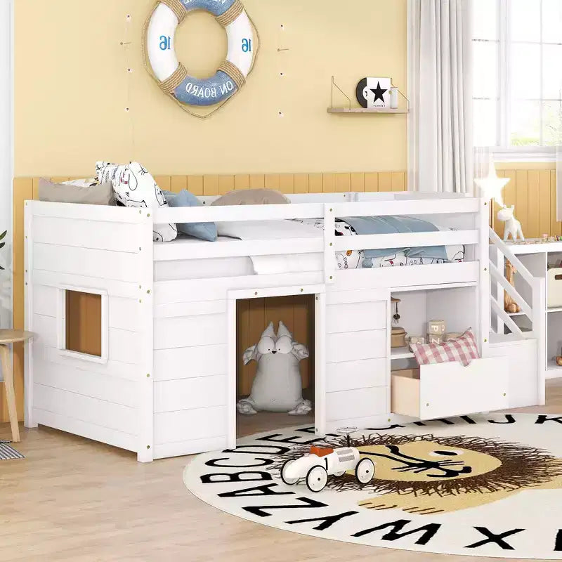 Okak Lit superposé mezzanine pour enfants, taille double, 94,56 po, avec tiroirs et étagères, avec échelle et garde-corps de sécurité, cadres de lit pour chambre d'enfant