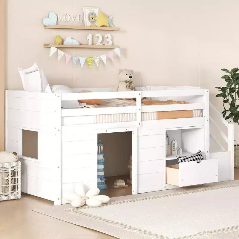Okak Lit superposé mezzanine pour enfants, taille double, 94,56 po, avec tiroirs et étagères, avec échelle et garde-corps de sécurité, cadres de lit pour chambre d'enfant