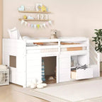 Okak Lit superposé mezzanine pour enfants, taille double, 94,56 po, avec tiroirs et étagères, avec échelle et garde-corps de sécurité, cadres de lit pour chambre d'enfant
