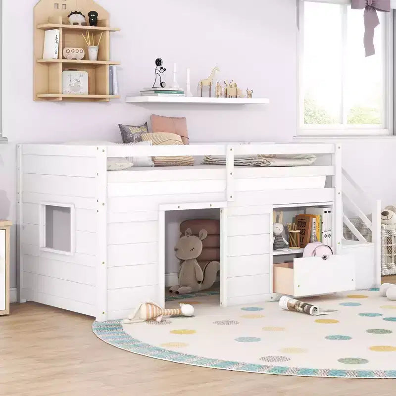 Okak Lit superposé mezzanine pour enfants, taille double, 94,56 po, avec tiroirs et étagères, avec échelle et garde-corps de sécurité, cadres de lit pour chambre d'enfant