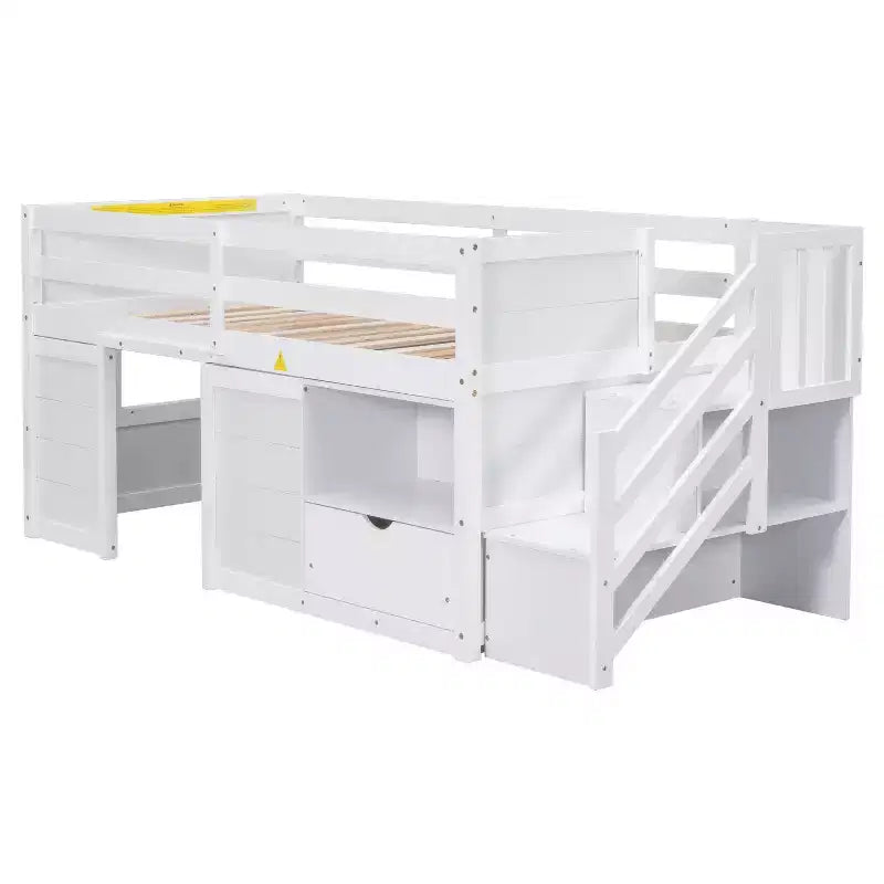 Okak Lit superposé mezzanine pour enfants, taille double, 94,56 po, avec tiroirs et étagères, avec échelle et garde-corps de sécurité, cadres de lit pour chambre d'enfant
