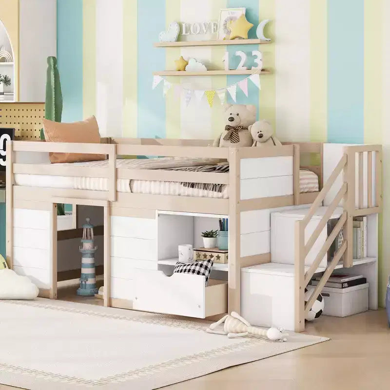 Okak Lit superposé mezzanine pour enfants, taille double, 94,56 po, avec tiroirs et étagères, avec échelle et garde-corps de sécurité, cadres de lit pour chambre d'enfant