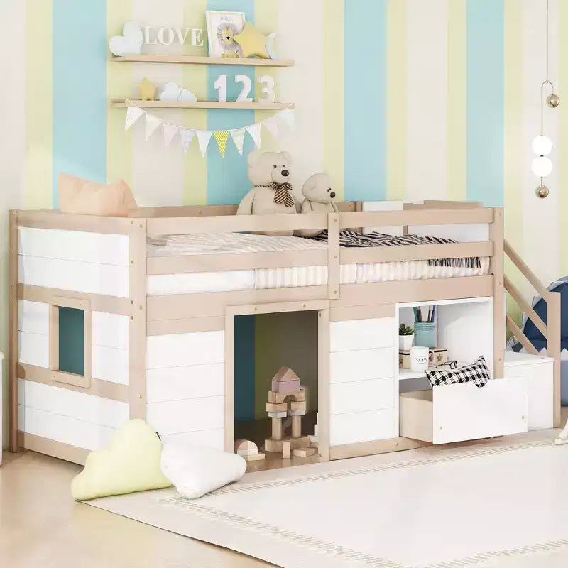 Okak Lit superposé mezzanine pour enfants, taille double, 94,56 po, avec tiroirs et étagères, avec échelle et garde-corps de sécurité, cadres de lit pour chambre d'enfant
