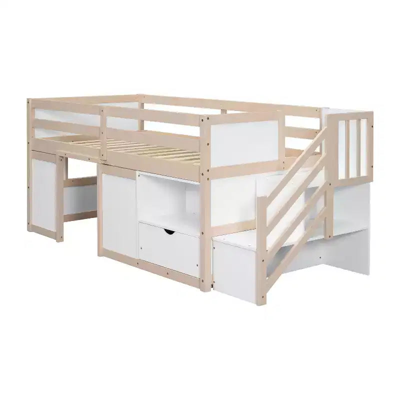 Okak Lit superposé mezzanine pour enfants, taille double, 94,56 po, avec tiroirs et étagères, avec échelle et garde-corps de sécurité, cadres de lit pour chambre d'enfant