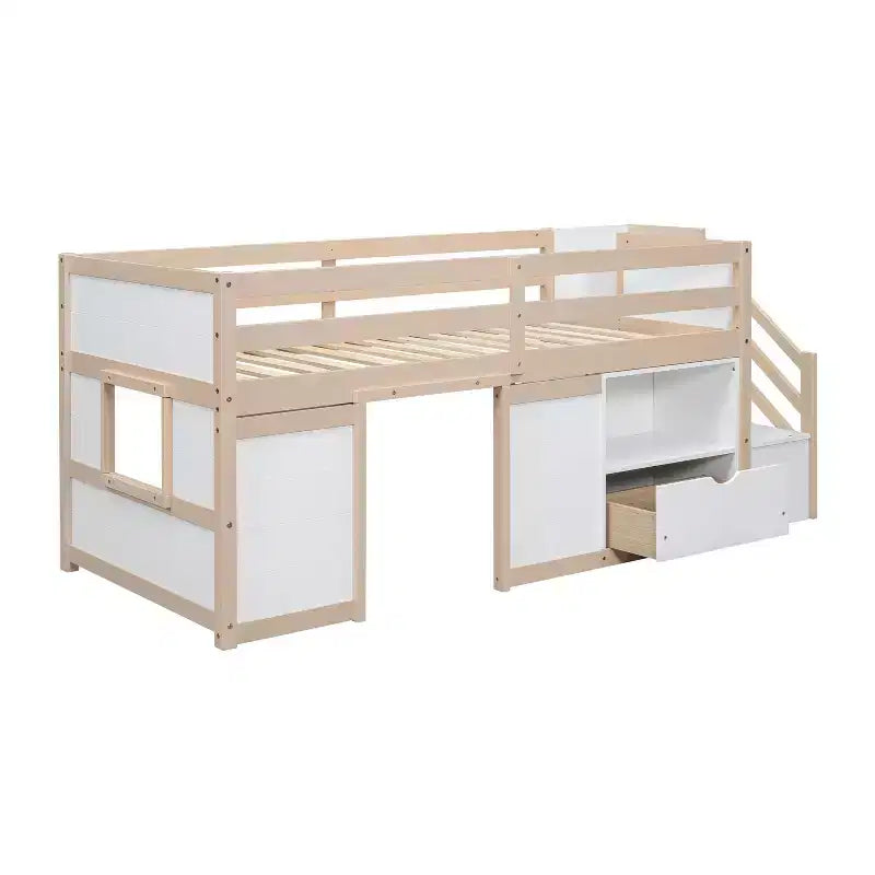 Okak Lit superposé mezzanine pour enfants, taille double, 94,56 po, avec tiroirs et étagères, avec échelle et garde-corps de sécurité, cadres de lit pour chambre d'enfant