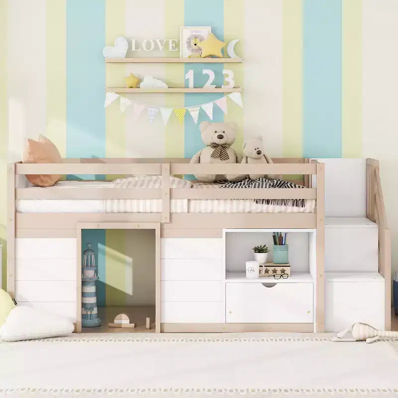 Okak Lit superposé mezzanine pour enfants, taille double, 94,56 po, avec tiroirs et étagères, avec échelle et garde-corps de sécurité, cadres de lit pour chambre d'enfant